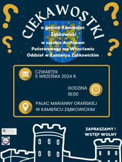 Grafika w ciemnej kolorystyce z białym konturem zamku z dwiema basztami u dołu. U góry herb miasta z dwoma gryfami na niebieskim tle oraz znaki zapytania. Po środku w żółtej ramce data i miejsce wydarzenia.